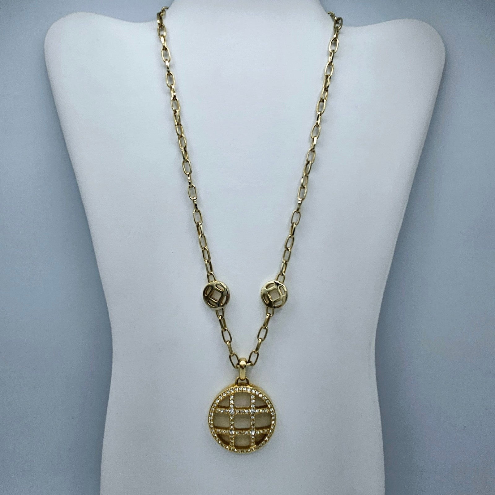 Goldtone Medallion Necklace Rhinestones Pendant Crystal Station 19"